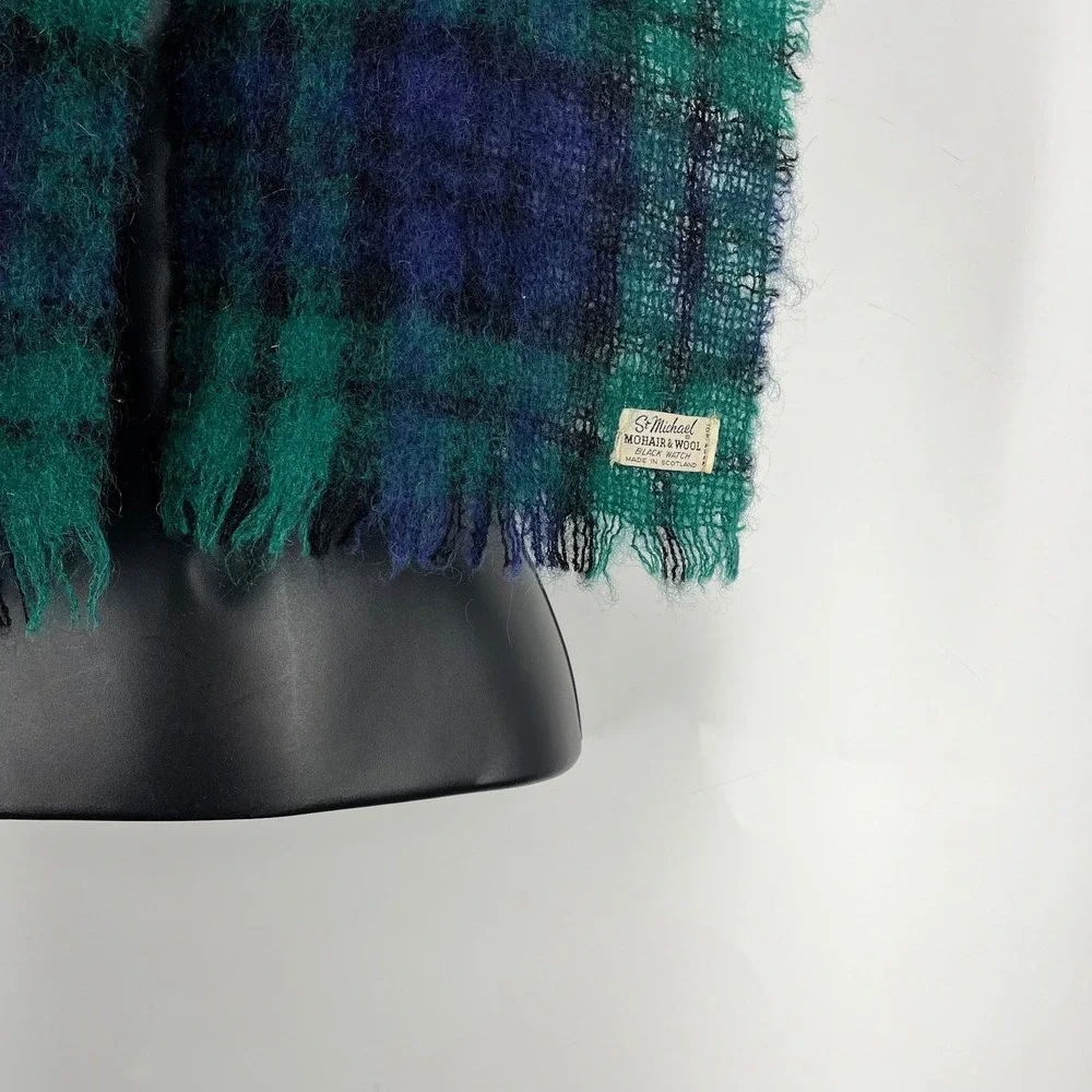St Michael Mens Black Watch Tartan Mohair Wool Scarf Made in Scotland Green Blue